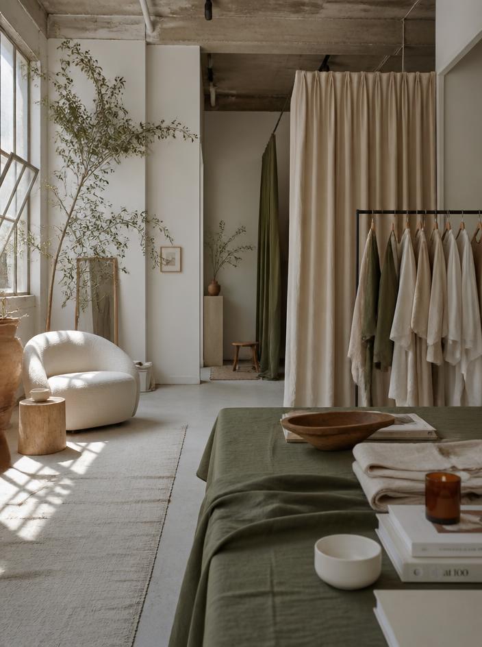 Interior of a minimalist neutral studio space with linen fabrics