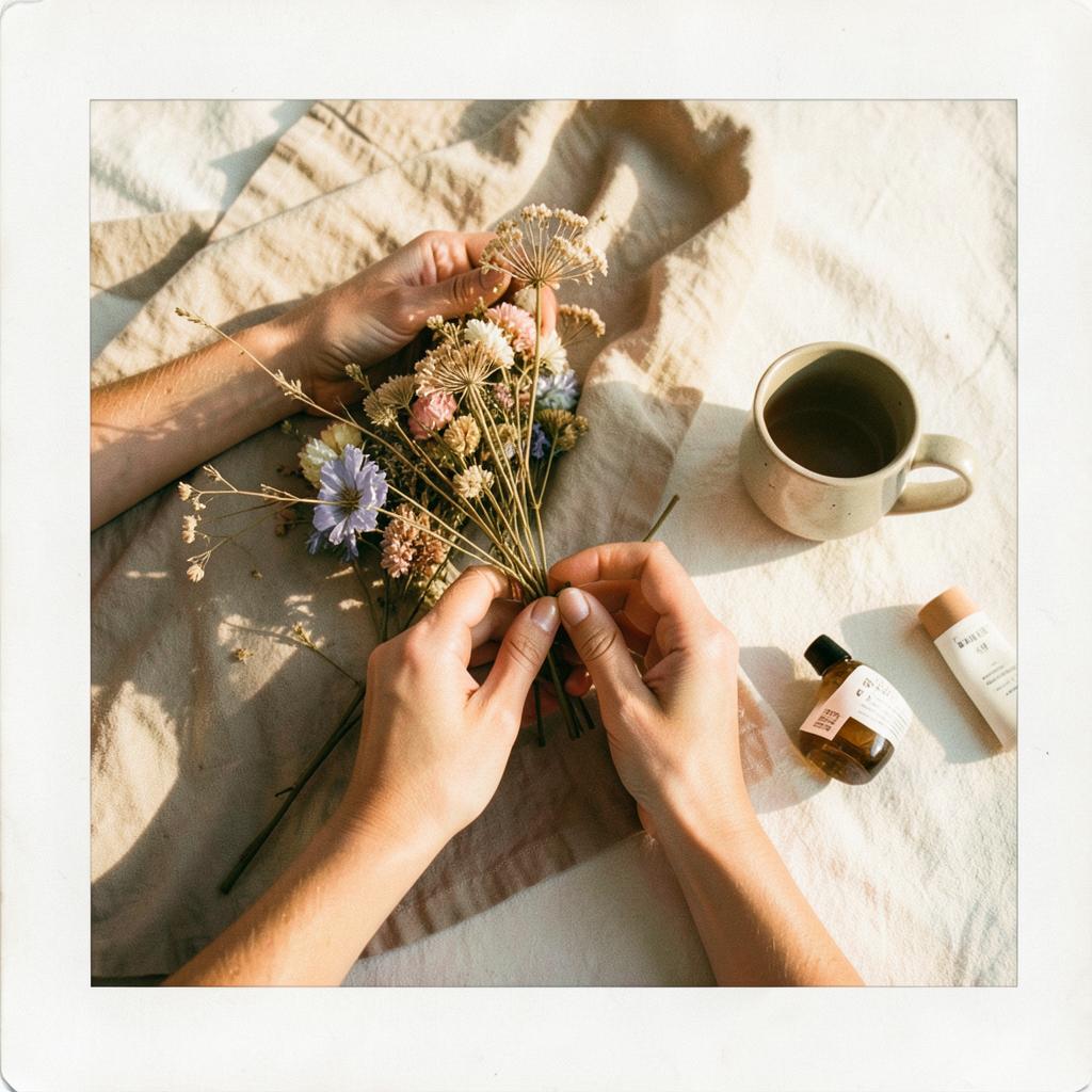 Warm flat lay of hands arranging dried flowers next to a ceramic mug and skincare products
