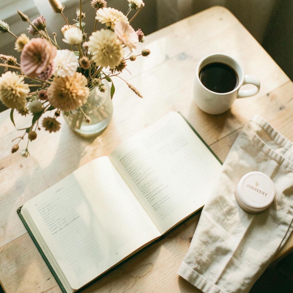 Overhead of a creative workspace with an open journal, coffee, dried flowers, and a small product