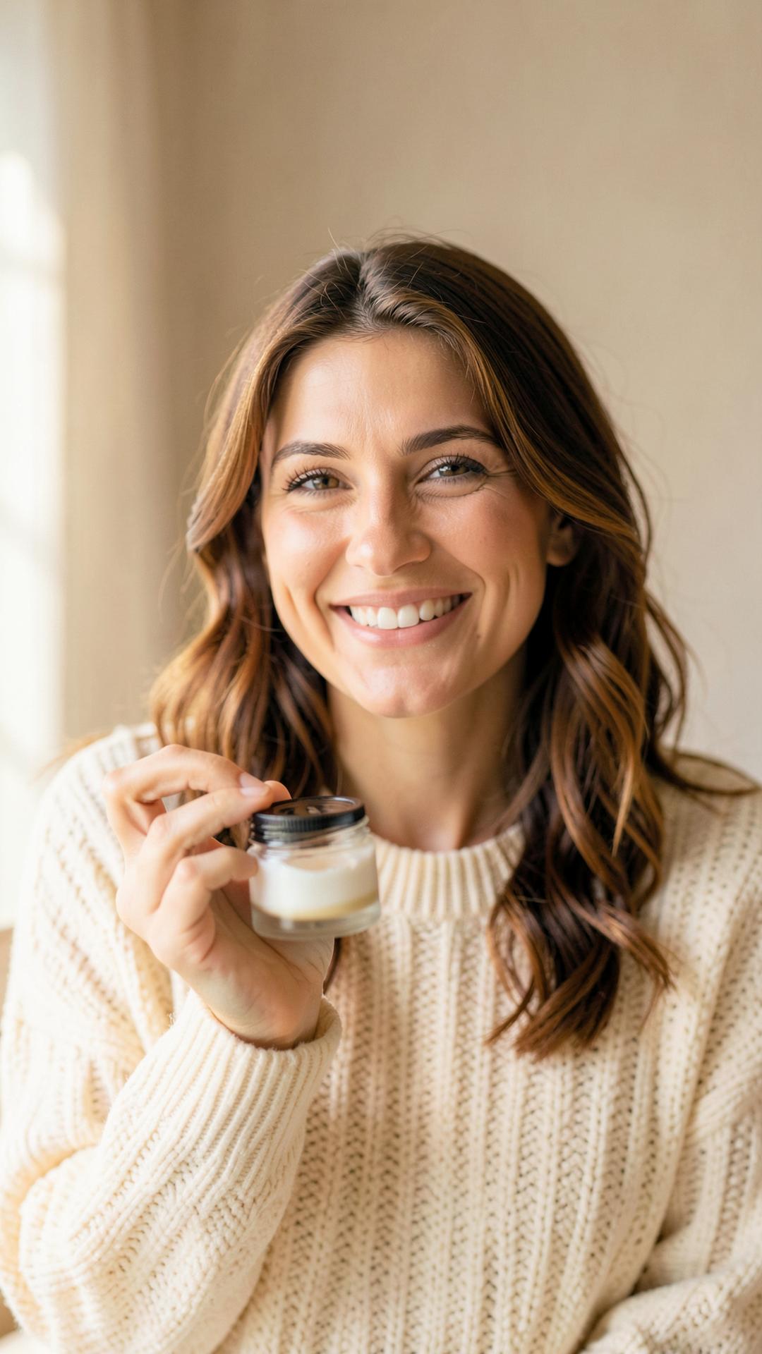 Smiling woman in a cream sweater holding a small skincare jar in soft window light