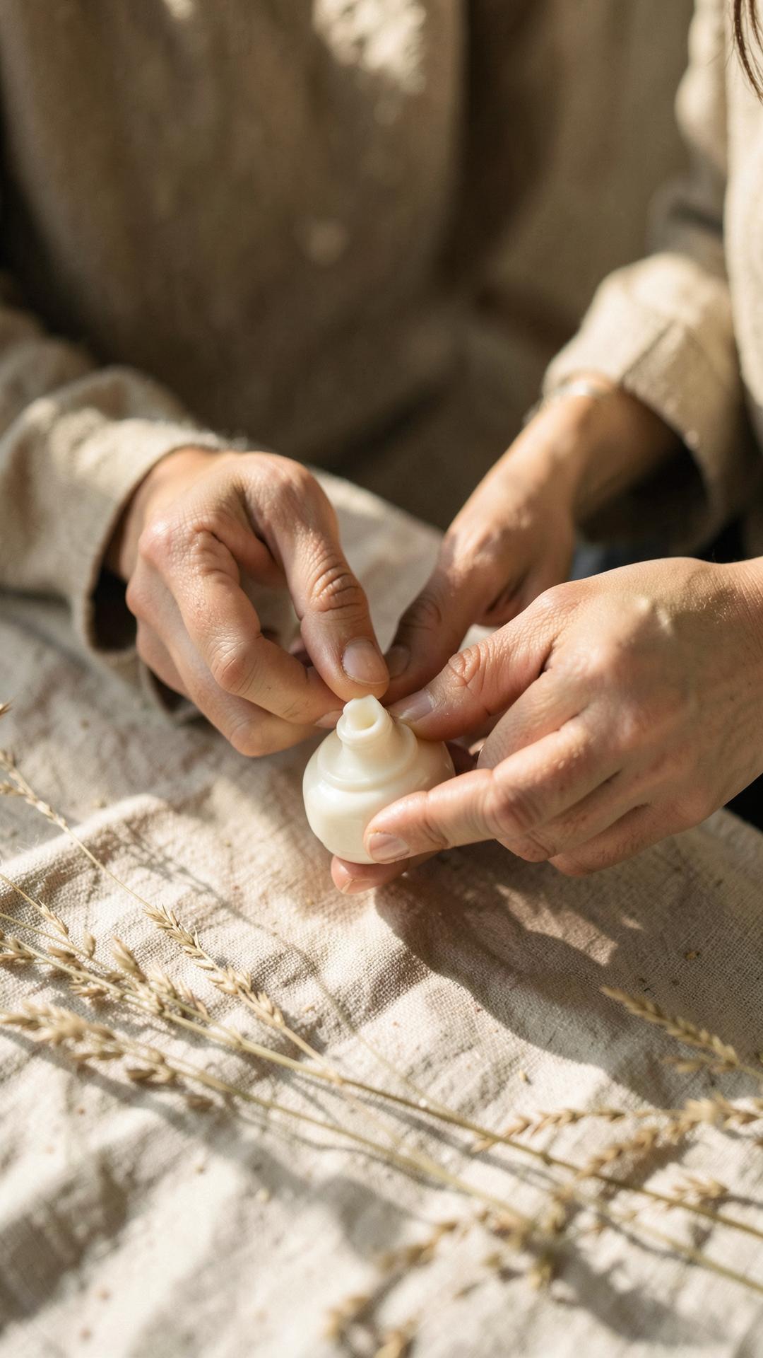 Close up of hands styling a small cream product on linen with dried grass in warm light