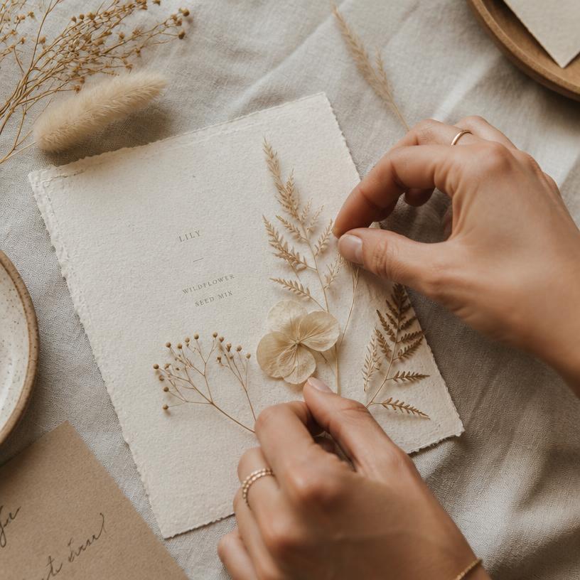 Hands arranging dried flowers and textured paper on a cream linen surface