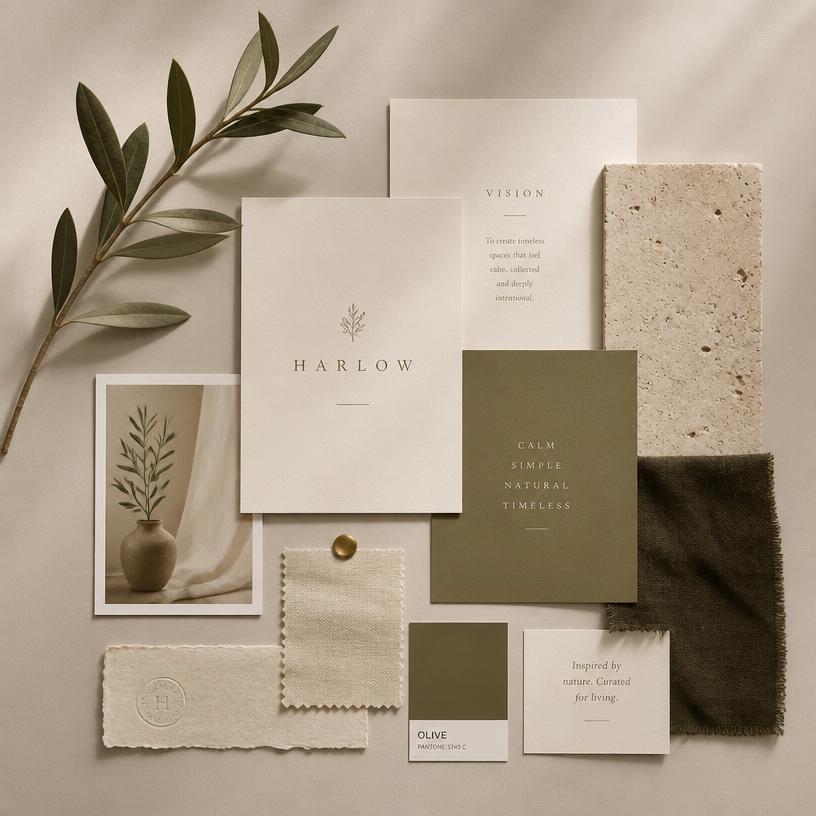 A warm beige and olive brand moodboard with texture swatches and an olive branch